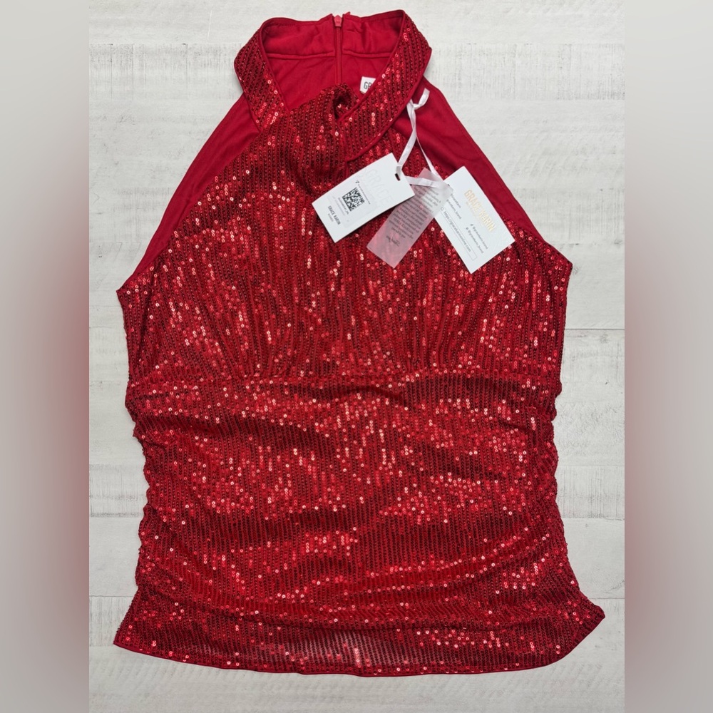 GRACE KARIN Sequin Sparkle Tank Top Halter Neck Keyhole Knot Slim Fit Cocktail